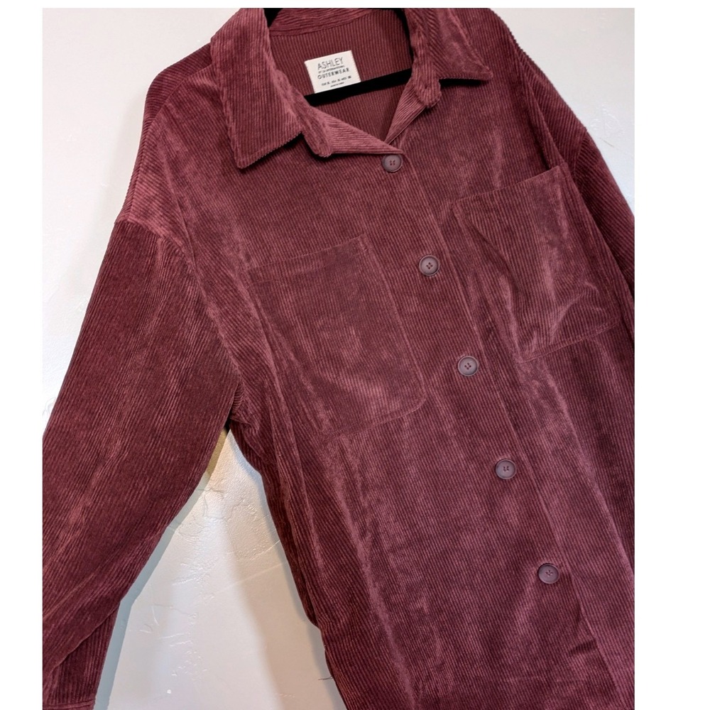 Ashley Outerwear Corduroy Shacket Women XL Burgundy Oversized Button Up Pocket